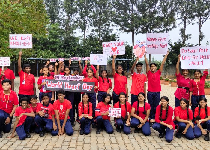 Students participating in World Heart Day awareness activities at NewAge World School, one of the Best Schools in Bangalore.