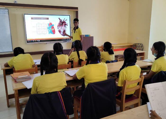 Students learning biology concepts interactively through digital smartboards at NewAge World School, Best ICSE School in Yelahanka.
